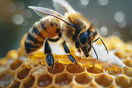 Honey bee on honeycombs. Close up view of honeycombs with bees.の写真素材