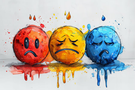 Three sad emoticons with colorful splashes on a white background.の写真素材