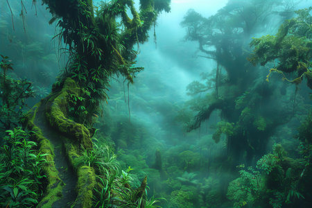 Beautiful misty rain forest in the jungle of Hawaii, USAの写真素材