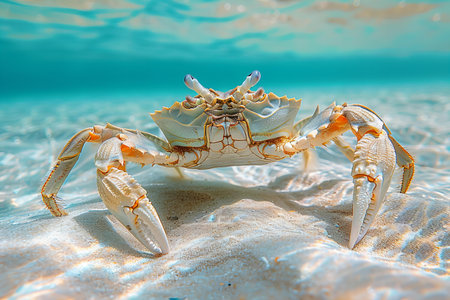 Close-up of a white crab on a sandy beach in the Maldivesの写真素材