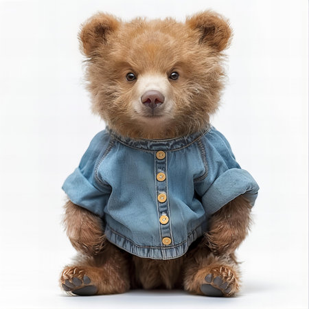 Teddy bear in a denim shirt sits on a white background.