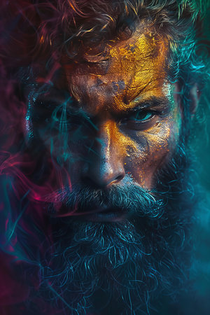 Portrait of a man with a beard and a painted face.の写真素材