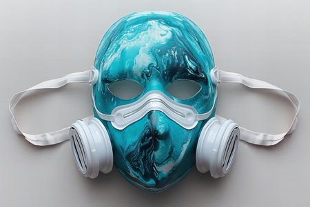 3d rendering of a blue mask with headphones on a gray backgroundの写真素材