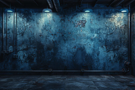 Dark blue grunge industrial interior with spotlights and concrete floor. 3D Renderingの写真素材