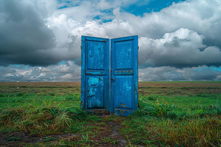 Blue doors in a field under a cloudy sky. 3d rendering
