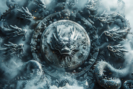 The dragon in the form of a shield on a dark background.の写真素材