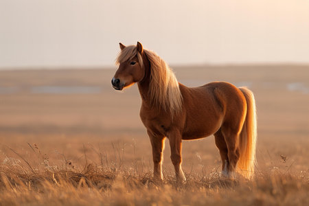 Beautiful Icelandic horse standing in the field at sunset, Iceland.の写真素材