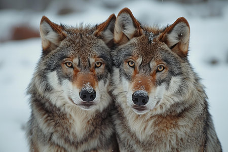 Couple of wolves in the winter forest. Portrait of wild animals.