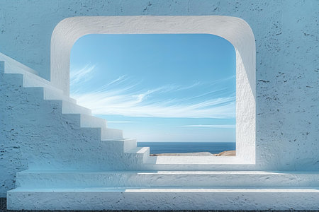 Concrete stairs leading to the sea and blue sky. 3d renderingの写真素材