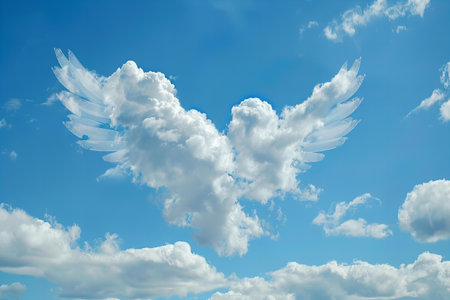 White fluffy angel wings in the blue sky. 3D illustration.の写真素材