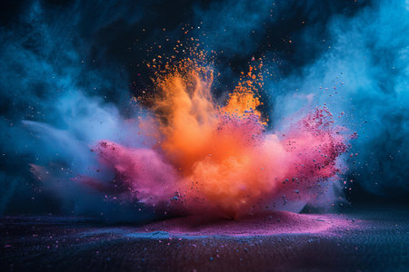 Abstract background of colored powder explosion. Colorful cloud of dust.