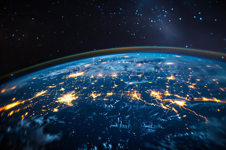 Earth planet view from space showing realistic planet surface and city lights. 3D illustration.