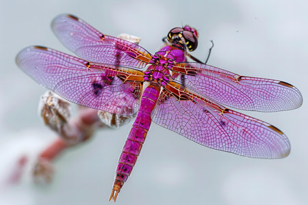 Close up of a purple dragonfly sitting on a branch of a plantの写真素材