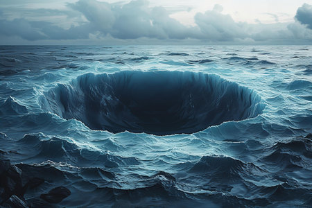 3D render of a stormy ocean wave with a hole in the middleの写真素材