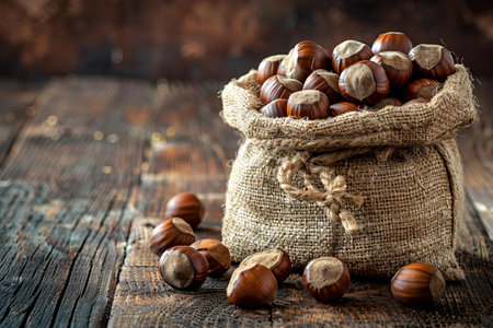 Hazelnuts in a bag on a wooden background. Selective focus.の写真素材
