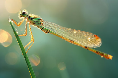 Damselfly on a blade of grass with dew drops.