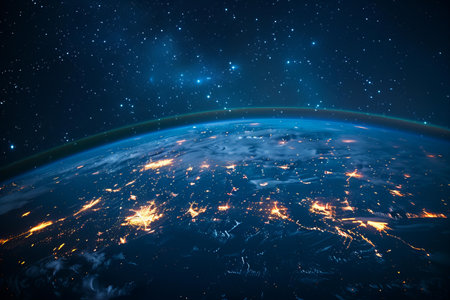 Europe from space on planet Earth at night with visible country borders. 3D illustration.の写真素材