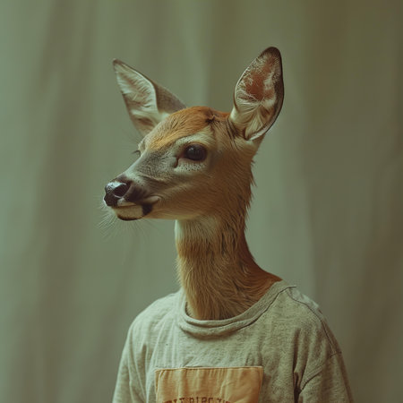 Portrait of a young deer on a light background. Toned.の写真素材