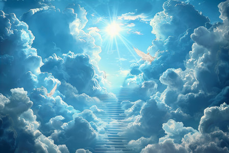 Staircase leading to heaven with sun and clouds. 3D renderingの写真素材