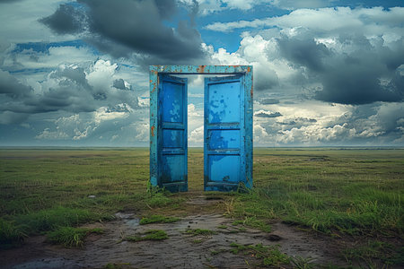 Door in the steppe. 3d rendering. Computer digital drawing.