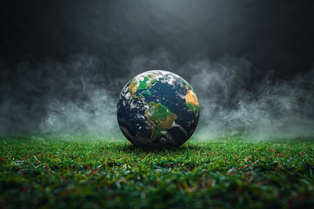 Globe on green grass with smoke. Elements of this image furnished by NASAの写真素材