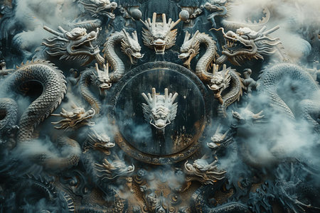 Dragon on the wall of Chinese temple, closeup of photo.の写真素材