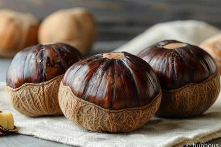 Delicious roasted chestnuts on wooden table, closeup. Delicious snack