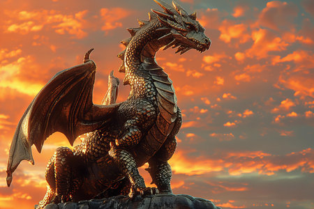Golden dragon statue in sunset sky background. 3d render illustration.の写真素材
