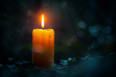 Burning candle with bokeh on dark background, close upの写真素材