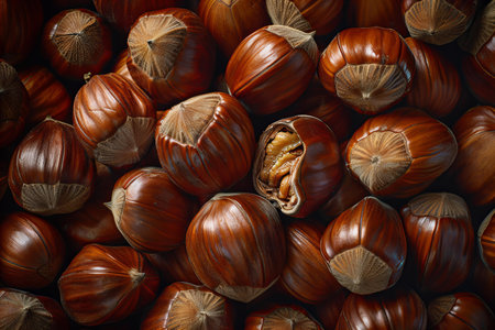 Hazelnuts background. Top view of hazelnuts in shell.の写真素材