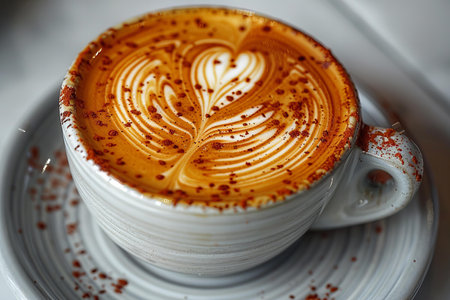 Coffee cup with latte art on white wooden table.