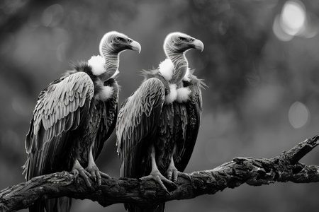 Vultures sitting on a branch. Black and white photo.の写真素材