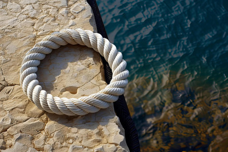 White rope on the stone wall with sea and sky in the backgroundの写真素材