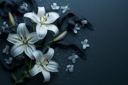 Beautiful white lily flowers and black ribbon on dark blue backgroundの写真素材
