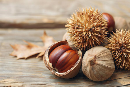 Autumn still life with chestnuts and dry leaves on wooden backgroundの写真素材