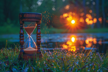 Hourglass on the grass near the lake at sunset. Concept of time passing.の写真素材
