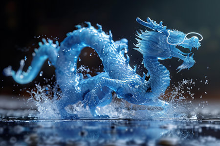 Blue dragon with water splash on black background. 3D rendering.の写真素材