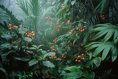 tropical rainforest with green leaves and red fruits in rainforestの写真素材