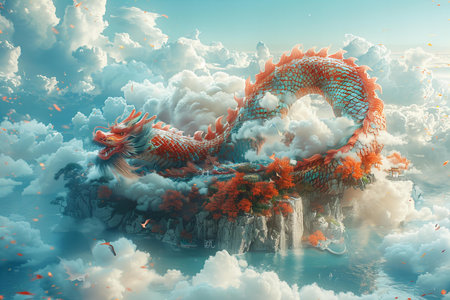 Dragon in the clouds, 3d render, computer digital illustration.の写真素材