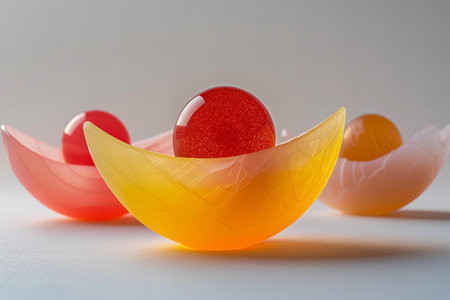 Red and orange glass objects on a white background