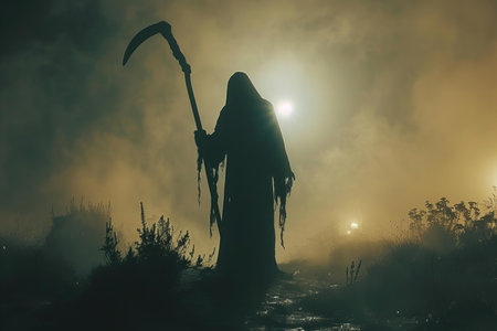 Mysterious witch with scythe in the forest at nightの写真素材