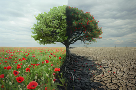 Tree growing on cracked soil. Global warming concept. 3D renderingの写真素材