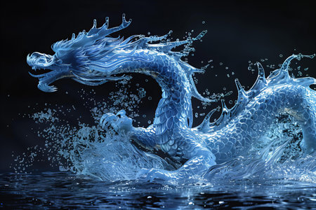 Blue dragon splashing water on black background. 3D illustration.の写真素材