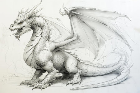 dragon drawing on a white background, pencil drawing, close-upの写真素材