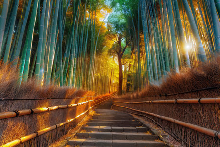 Arashiyama bamboo grove at sunset in Kyoto, Japan