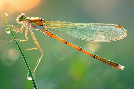 Dragonfly on a blade of grass with dew drops closeup