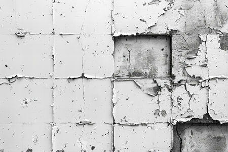 Texture of a white wall with cracks and scratches which can be used as a backgroundの写真素材