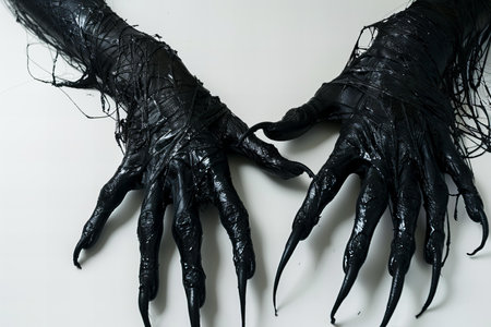 Halloween witch hands in black latex gloves isolated on white background.の素材