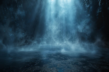 Dark forest with smoke, fog and rays of light.の写真素材