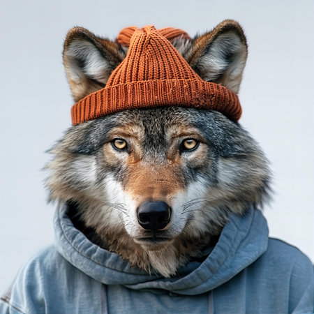 Portrait of a wolf in a warm hat. Close-up.の写真素材